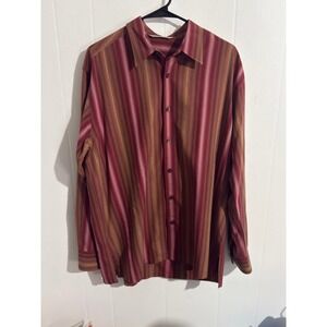 Tommy Bahama 100% Silk Striped Button Front Shirt Men's Large L Long Sleeve